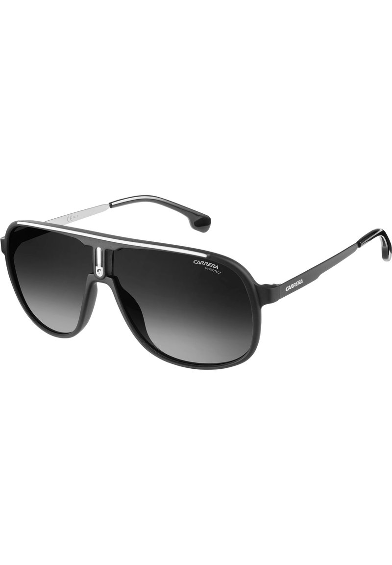 Ochelari de soare negri cu un design aviator rotunjit. Lentile cu nuanță gradient întunecată, accente hardware subțiri din argint și brațe negre texturate.