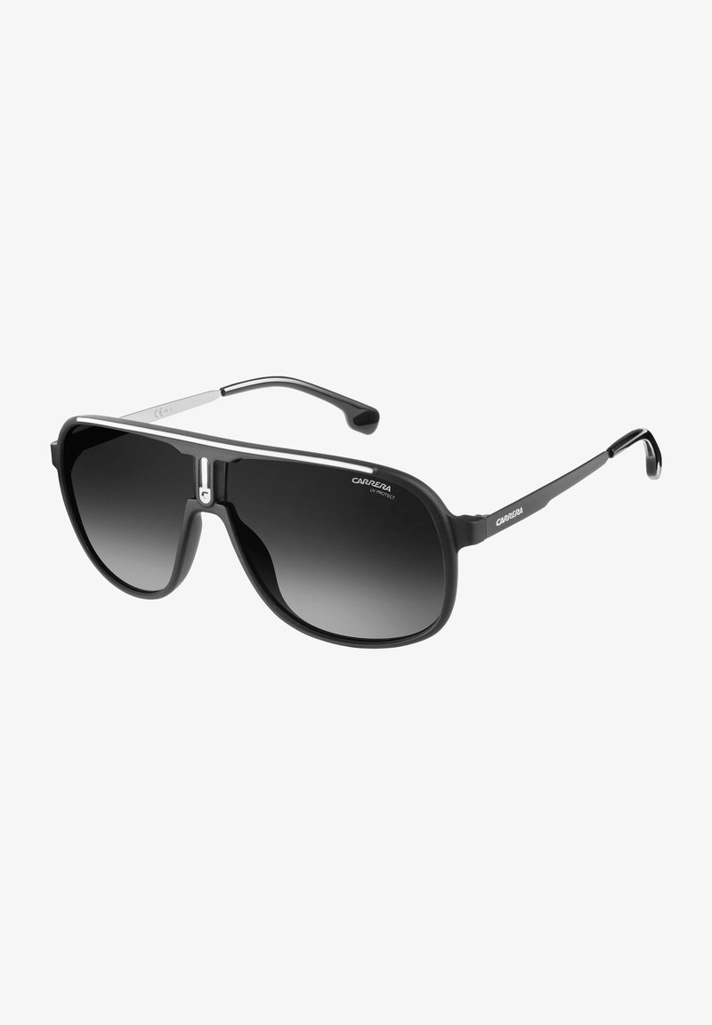 Ochelari de soare negri cu un design aviator rotunjit. Lentile cu nuanță gradient întunecată, accente hardware subțiri din argint și brațe negre texturate.