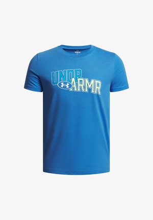 Sinine puuvillane T-särk, millel on erinevates julgetes värvides "UNDER ARMOUR" tekst, ümmargune kaelus ja lühikesed varrukad. Sujuv tekstuur, igapäevane lõige.