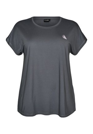 Mørkegrå kortærmet træningsshirt med rund halsudskæring og lille hvidt trekantet logo på den øverste venstre del af brystet.