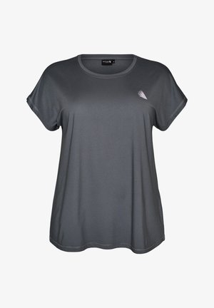 Maglietta sportiva grigio scuro a maniche corte con scollo rotondo e piccolo logo triangolare bianco sulla parte superiore sinistra del petto.