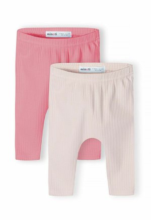 Zwei Paare von gerippten Leggings: eine pinke und eine beige. Die Leggings haben einen elastischen Taillenbund und ein offenes Fußdesign.
