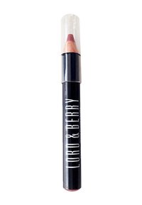 Crayon à lèvres avec un corps noir et un capuchon transparent ; présente une pointe fine de teinte nude-rose ; marqué avec "LORD & BERRY" en texte blanc.