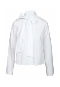 Blusa bianca a maniche lunghe con un grande fiocco al collo, realizzata in tessuto morbido con una vestibilità strutturata e dettagli minimi.