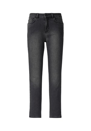Jeans in denim neri con un design a gamba dritta, leggermente sbiaditi, cinque tasche, passanti per cintura e chiusura con zip. Il tessuto ha una consistenza liscia.