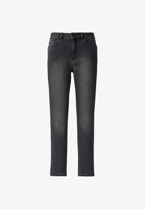 Jeans in denim neri con un design a gamba dritta, leggermente sbiaditi, cinque tasche, passanti per cintura e chiusura con zip. Il tessuto ha una consistenza liscia.
