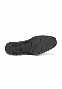 Schwarze Schuhsohle mit einer strukturierten GummOberfläche, gerillten Mustern für bessere Grip und einem eingeprägten Markenzeichen mit Größenangabe.
