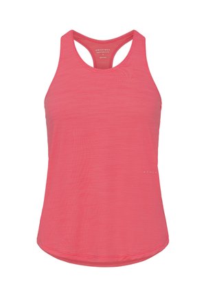 Roze atletisch tanktop met een racerback-ontwerp, lichtgewicht materiaal en een iets verlengde zoom met subtiele tekstbranding aan de zijkant.