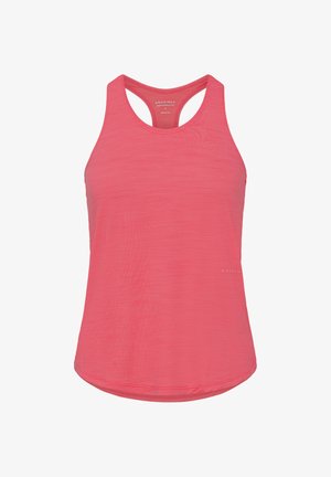 Roze atletisch tanktop met een racerback-ontwerp, lichtgewicht materiaal en een iets verlengde zoom met subtiele tekstbranding aan de zijkant.