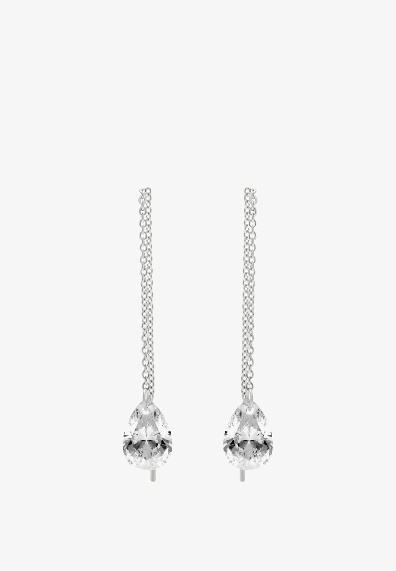 Paar silberne Kettenohrringe, jeweils mit einem hängenden tropfenförmigen, klaren Edelstein.