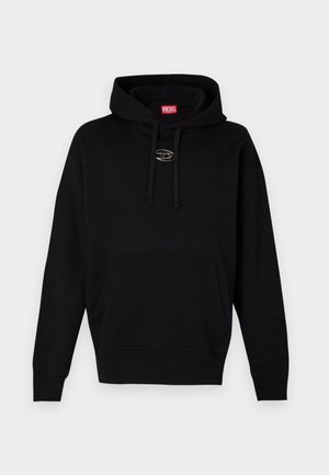Black hooded sweatshirt made of soft fabric, featuring a front pocket, drawstring with eyelets, and a small silver logo on the chest.