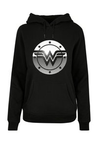 Black hoodie with a front pocket, featuring a white circular Wonder Woman logo with stars and halftone detailing.