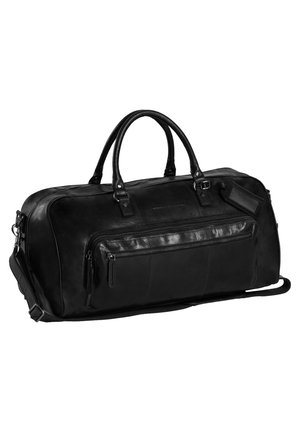 Sac de voyage en cuir noir avec doubles poignées, bandoulière réglable, poche zippée à l'avant et texture lisse présentant des accents polis et mats.