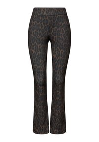 Leopardikuvioidut liehuvat leggingsit, joissa on sileä pinta, istuva vyötärö ja tummanruskea sekä musta väritys.