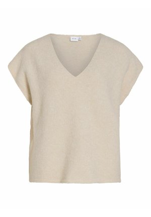 Beige strikket V-hals top med korte ærmer, afslappet pasform og blød tekstur. Har sideslids for nem bevægelse.