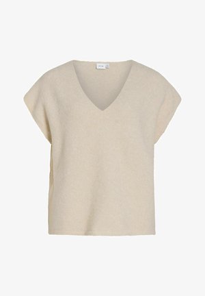 Haut beige en tricot à col en V avec manches courtes, coupe décontractée et texture douce. Doté de fentes latérales pour faciliter les mouvements.