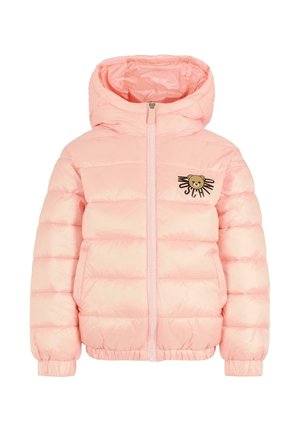 Roze pufferjack met capuchon, ritssluiting aan de voorkant, doorstikte design, elastische manchetten en een berenlogo op de linkerkant van de borst. Glad, glanzend materiaal.