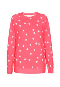 Roze sweatshirt met een ronde halslijn, lange mouwen en een patroon van kleine witte harten gelijkmatig verdeeld over de stof.