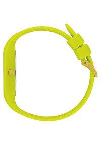 Reloj de silicona verde con una textura suave, caja redondeada, herrajes en tono dorado y cierre de hebilla. Esfera del reloj transparente visible.