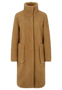 Hnědý texturovaný kabát z měkkého materiálu s vysokým límcem, bočními kapsami a přímým střihem.