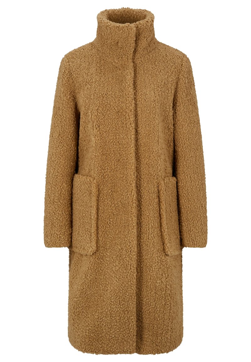 Hnědý texturovaný kabát z měkkého materiálu s vysokým límcem, bočními kapsami a přímým střihem.