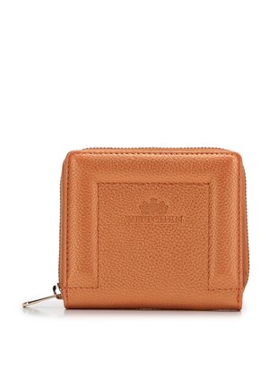 Orangefarbene Lederbörse mit strukturiertem Finish, Reißverschluss und geprägtem Logo. Verfügt über eine rechteckige Form und detaillierte Nähte.