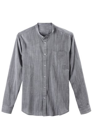 Graues Langarmhemd mit Mandarin-Kragen, vertikalen Streifen, einer Brusttasche und geknöpften Bündchen. Hergestellt aus einem leichten Stoff.