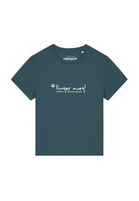 Teal Baumwoll-T-Shirt mit kurzen Ärmeln und rundem Ausschnitt. Auf der Vorderseite befindet sich der weiße Text "Finger weg!". Einfaches und lässiges Design.