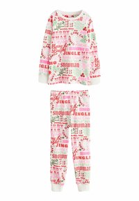 Tvådelad pyjamas med långärmad tröja och byxor. Tillverkad av mjukt tyg med en rosa bakgrund, dekorerad med festligt röd och grön text.