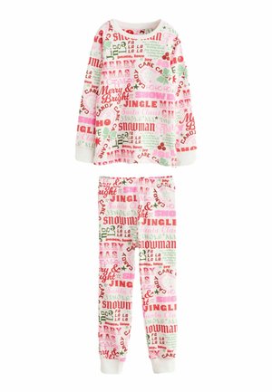 Tvådelad pyjamas med långärmad tröja och byxor. Tillverkad av mjukt tyg med en rosa bakgrund, dekorerad med festligt röd och grön text.