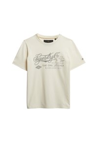 Cremefarvet T-shirt med kortærmer, rund hals og gråt Superdry Co. logo og tekst trykt på fronten.