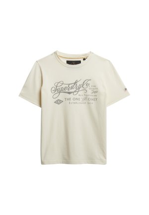 T-shirt crème à manches courtes avec col rond et logo et texte gris de Superdry Co. imprimés à l'avant.