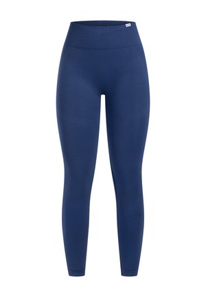 Leggings de color azul marino hechos de una tela elástica, con una cintura alta y una textura suave sin costuras visibles ni patrones.