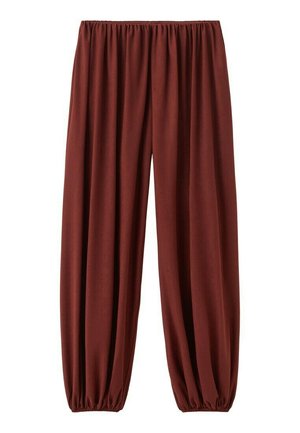 Løse brune bukser med elastisk talje og elastiske manchetter, lavet af blødt, faldende stof.