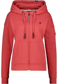 Felpa rossa con zip e cappuccio regolabile, polsini a costine e tasca a marsupio. Realizzata in morbido cotone, presenta un dettaglio del logo sul petto.