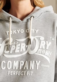 Felpa grigia con un fit rilassato, caratterizzata da testo del logo bianco, cordini e una consistenza del tessuto morbida. Gli accenti includono grafiche stampate e branding.