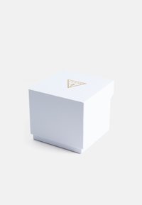 White textured box with a gold triangle logo on the top. The design is square with a fitted lid, suitable for jewelry or small items.