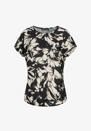 Černý a krémový květinový krátký rukáv top s kulatým výstřihem, vyrobený z měkké látky, s uvolněným střihem a zakřiveným lemem.