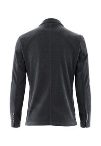 Dunkelgraues Cord-Sakko mit schmalem Kragen, zwei Rückenschlitzen und geknöpften Manschetten, das eine strukturierte Oberfläche und ein maßgeschneidertes Design zeigt.