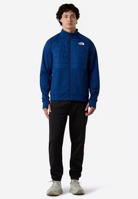 Blue zip-up jacket with quilted chest panels, paired with black pants and light-colored sneakers. Smooth fabric, fitted design, and no visible logos.