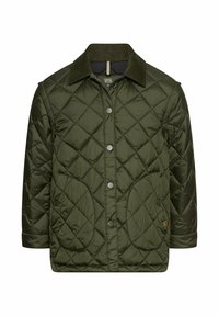 Olijfgroene gewatteerde jas met een donkergroene corduroy kraag, drukknoopsluiting en twee opgestikte voorzakken.