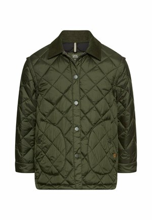 Olive green quilted jacket with a dark green corduroy collar, snap button closure, and two front patch pockets.