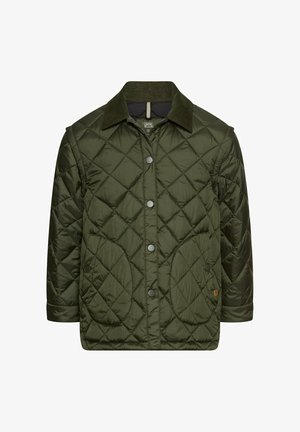 Olivengrüne gesteppten Jacke mit einem dunkelgrünen Cordkragen, Druckknopfverschluss und zwei vorderen aufgesetzten Taschen.