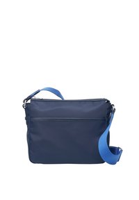 Borsa a tracolla blu navy realizzata in tessuto leggero, dotata di chiusura con zip, tracolla regolabile blu e una tasca frontale con zip per lo stoccaggio.