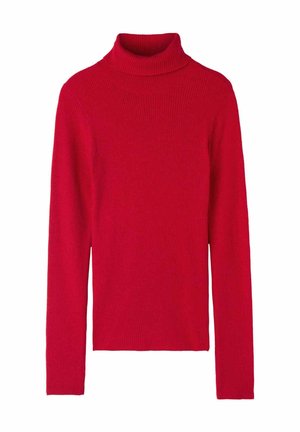Roter gerippter Rollkragenpullover mit langen Ärmeln, der eine enge Passform, eine weiche Textur und einfarbiges Design aufweist. Keine Muster oder Akzente.
