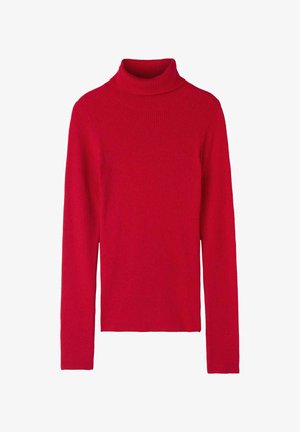 Roter gerippter Rollkragenpullover mit langen Ärmeln, der eine enge Passform, eine weiche Textur und einfarbiges Design aufweist. Keine Muster oder Akzente.