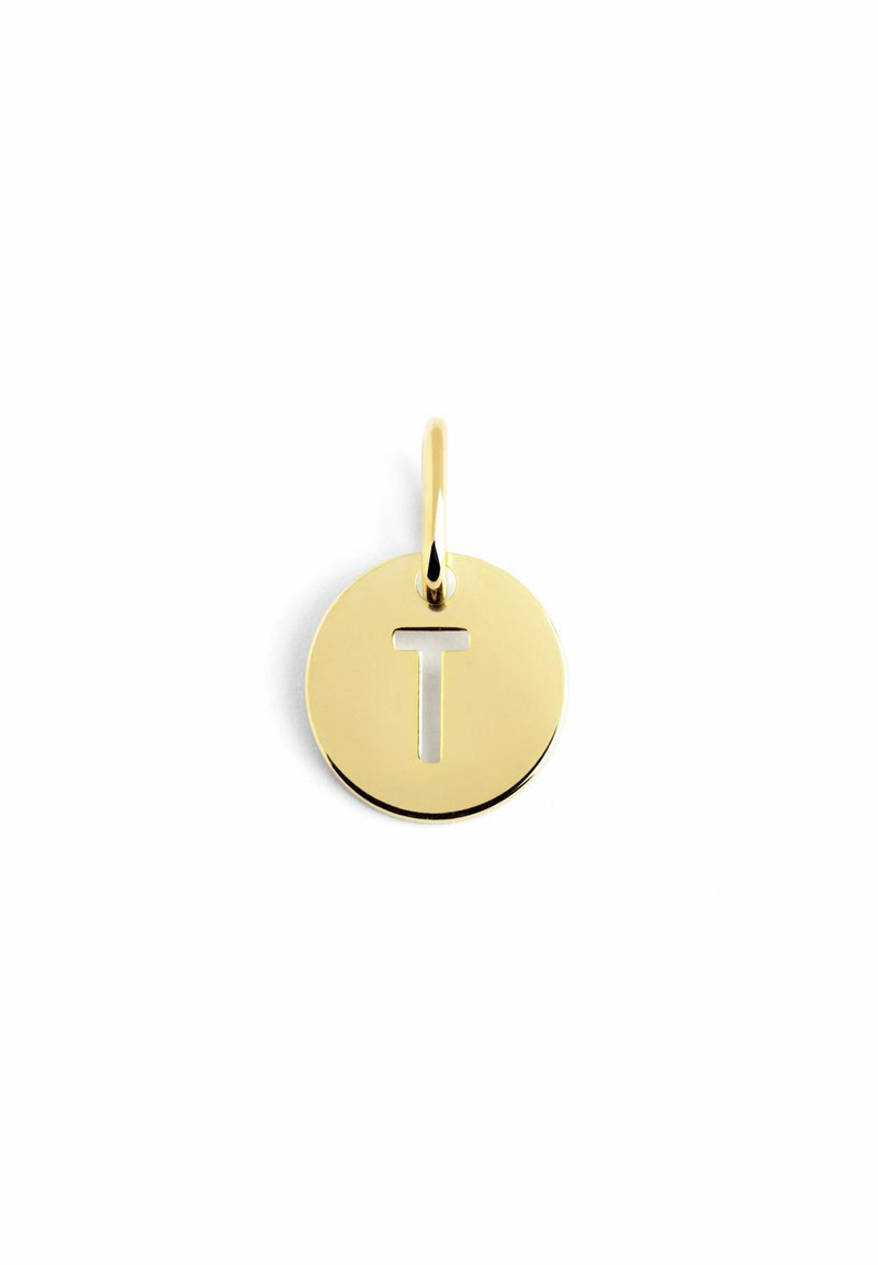 Pendente circolare in oro con la lettera "T" ritagliata. Superficie liscia, finitura lucida e un semplice anello per il fissaggio.