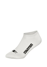 Weißer, niedriger Socke mit geripptem Muster und schwarzem "STARTER"-Logo an der Seite. Der Socke hat eine nahtlose Zehenkappe und ein elastisches Bündchen am Knöchel für einen optimalen Sitz.