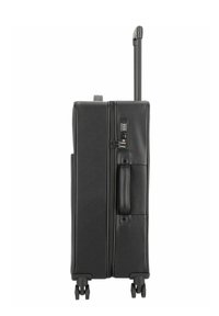 Valigia rigida nera con manico telescopico, doppie ruote, tasca laterale e lucchetto a combinazione. Superficie texturizzata per una maggiore durata.