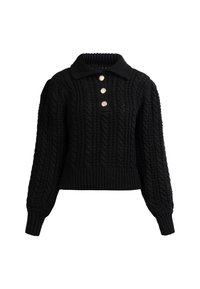 Maglione nero a trecce con colletto, tre bottoni rotondi dorati, maniche lunghe e una vestibilità cropped. Tessuto testurizzato con polsini a costine.
